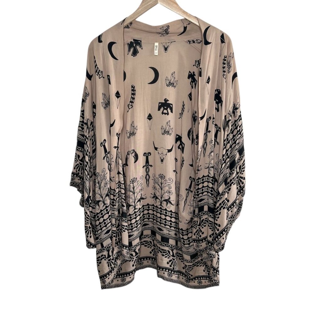 Spell & The Gypsy Beige & Black Thunderbird Totem Patterned Kimono Cardigan